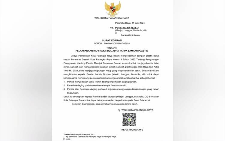 Pemko Palangka Raya Terbitkan Surat Edaran Terkait Pelaksanaan Hari Raya Idul Adha Tanpa Sampah Plastik