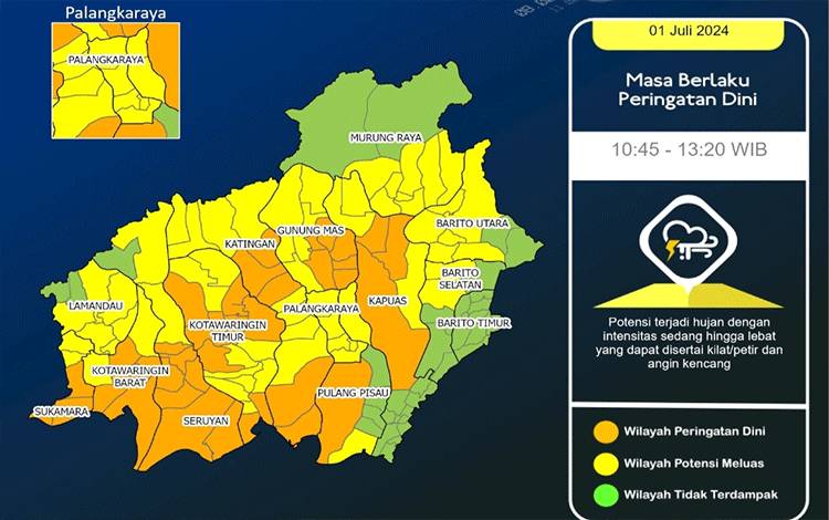 Prakiraan Cuaca Pekan Pertama Juli di Kalteng Menunjukkan Potensi Hujan dan Angin Kencang