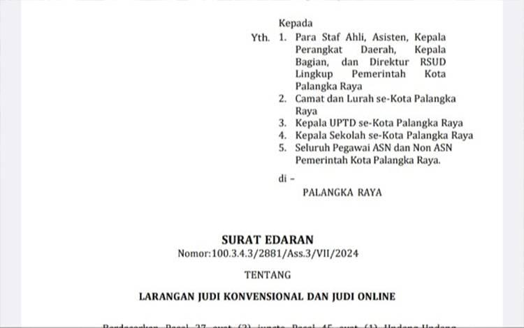Pj Wali Kota Palangka Raya Terbitkan Larangan Judi untuk Pegawai