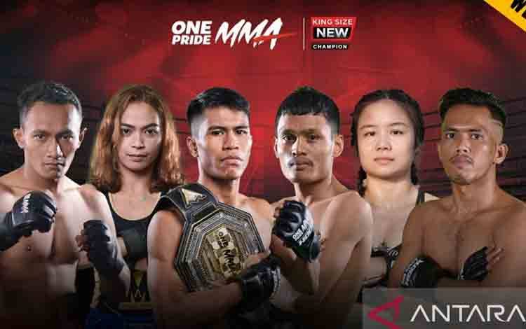 Poster pertarungan antara Shinyin Tan (dua dari kanan) menghadapi Anggie Mandagi (dua dari kiri) di kelas women strawweight pada gelaran One Pride Mixed Martial Arts (MMA) yang digelar di GOR Sahabat Semarang, Sabtu malam WIB (13/07/2024). (ANTARA/HO-One Pride MMA)