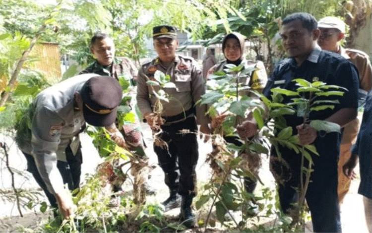 Sejumlah personel Polsek Banjarbaru Utara dan Lurah Guntung Paikat Muhammad Ariffin (kanan) memperlihatkan tanaman Kecubung yang dicabut dari sekitar rumah warga untuk dimusnahkan. (ANTARA/HO-Humas Polsek Banjarbaru Utara)