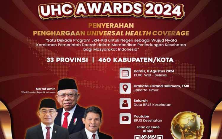 Wakil Presiden Republik Indonesia, Ma'ruf Amin memberikan penghargaan kepada kepala daerah dari 33 provinsi dan 460 kabupaten/kota di Indonesia yang telah berhasil meraih predikat Universal Health Coverage (UHC), di Jakarta Kamis (8/4). ANTARA/HO-Humas BPJS Kesehatan.