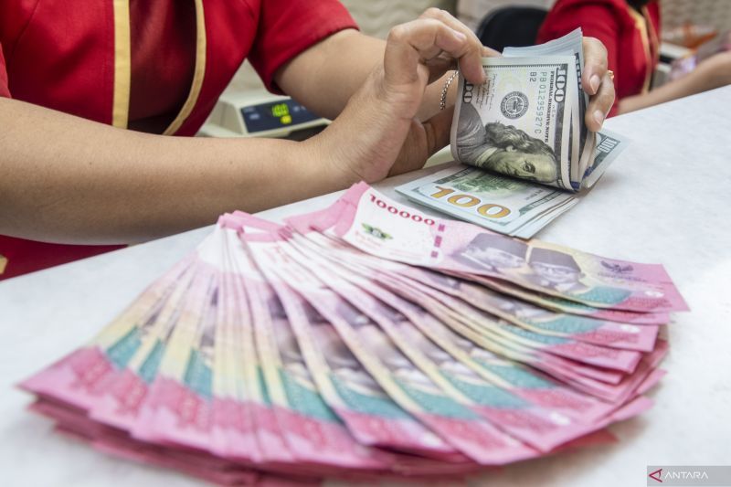 Petugas menghitung uang dolar AS di gerai penukaran mata uang asing Ayu Masagung di Jakarta, Kamis (16/11/2023). Bank Indonesia (BI) mencatat, utang luar negeri (ULN) Indonesia sebesar 393,7 miliar dolar AS pada triwulan III 2023, turun dibandingkan pada triwulan sebelumnya yang sebesar 396,5 miliar dolar AS dimana penurunan tersebut bersumber dari ULN sektor publik. ANTARA FOTO/Bayu Pratama S/foc. (ANTARA FOTO/BAYU PRATAMA S)