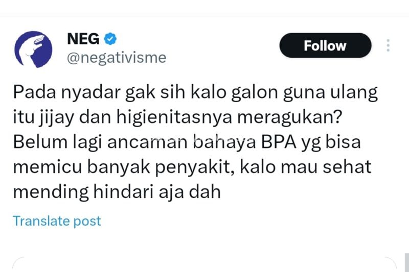 Tangkapan layar cuitan terkait klaim bahaya galon guna ulang di platform X. ANTARA/HO- Twitter