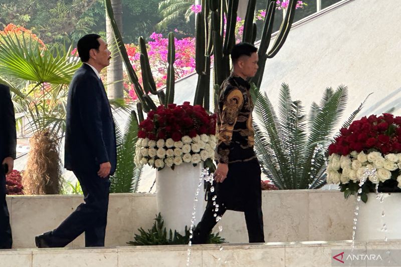 Menteri Koordinator Bidang Kemaritiman dan Investasi Luhut Binsar Pandjaitan (kiri) saat tiba di Gedung Nusantara, Kompleks Parlemen, Senayan, Jakarta, Jumat (16/8/2024). ANTARA/Rio Feisal.
