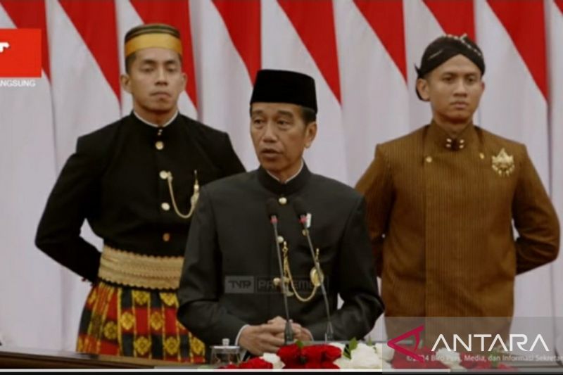 Tangkapan layar - Presiden Joko Widodo menyampaikan pidato kenegaraan dalam Sidang Tahunan 2024 di Gedung DPR-MPR, Jakarta, Jumat (16/8/2024). (ANTARA/Katriana)