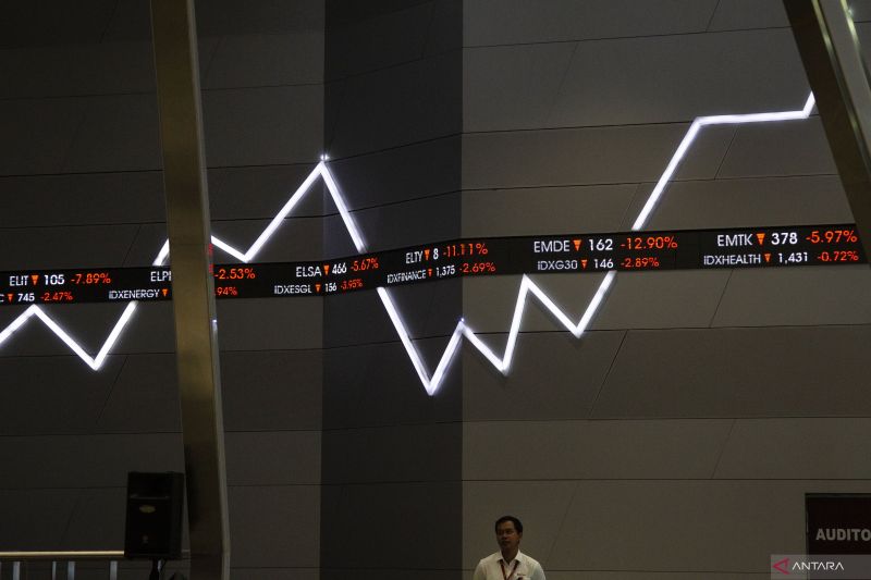 Pegawai berjalan dibawah layar pergerakan Indeks Harga Saham Gabungan (IHSG) di Bursa Efek Indonesia (BEI), Jakarta, Senin (5/8/2024). . ANTARA FOTO/Dhemas Reviyanto/nz