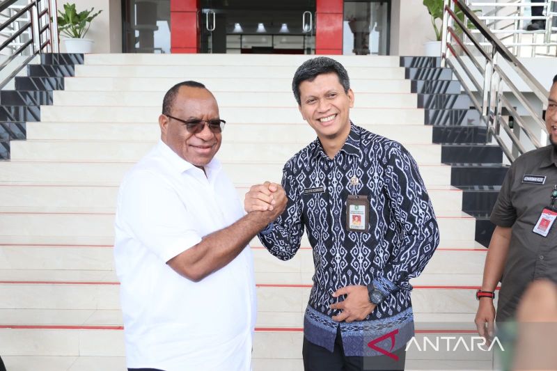 Kepala Badan Pengelola Perbatasan Daerah (BPPD) Provinsi Kalbar, Sefpri Kurniadi menyambut kedatangan Wakil Menteri Dalam Negeri (Wamendagri) John Wempi Wetipo di Bandara Supadio Pontianak, di mana kedatangan Wamendagri untuk memimpin upacara peringatan HUT ke-79 Republik Indonesia di Entikong, yang berbatasan langsung dengan negara tetangga, Malaysia. (ANTARA/Rendra Oxtora)