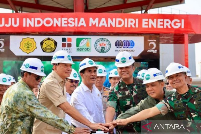 Menteri Pertanian Republik Indonesia Andi Amran Sulaiman (tengah) bersama Gubernur Kalimantan Selatan H. Sahbirin Noor (kiri), pemilik PT. Jhonlin Group H Syamsudin Andi Arsyad atau Haji Isam (dua kanan) saat peluncuran Biodiesel B50 di Batulicin, Kabupaten Tanah Bumbu, Kalimantan Selatan, Ahad (18/8/2024). (ANTARA/Sujud Mariono)