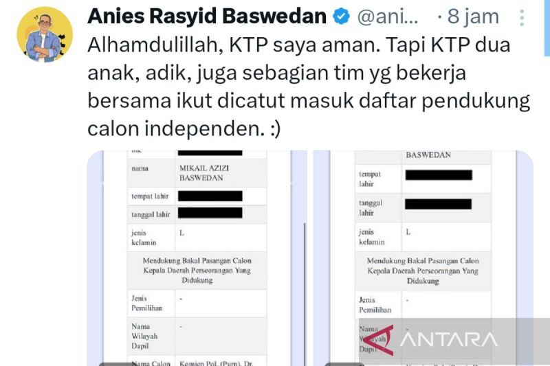 Tangkapan layar- Cuitan mantan Gubernur DKI Jakarta Anies Baswedan di media sosial terkait NIK anaknya yang dicatut untuk mendukung pasangan calon perseorangan atau independen di pilkada Jakarta, Dharma Pongrekun dan Kun Wardana di Jakarta, Jumat (16/8/2024). ANTARA/Khaerul Izan