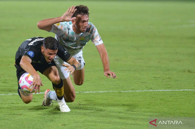 Pesepak bola Dewa United Alexis Messidoro (kiri) berebut bola dengan pesepak bola Persib Bandung Mateo Kocijan (kanan) saat pertandingan Liga 1 2024/2025 di Stadion Kapten I Wayan Dipta Gianyar, Bali, Senin (19/8/2024). ANTARA FOTO/Fikri Yusuf/aww.