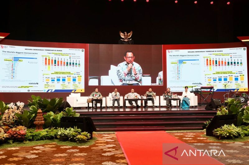 Menteri Dalam Negeri Tito Karnavian dalam Rapat Konsolidasi Nasional dalam Rangka Kesiapan Pilkada 2024 di Balai Sidang Jakarta (JCC), Jakarta, Selasa (20/8/2024). ANTARA/HO-Puspen Kemendagri.