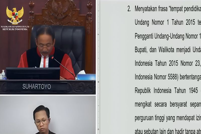 Tangkapan layar - Ketua Mahkamah Konstitusi Suhartoyo membacakan amar Putusan Nomor 69/PUU-XXII/2024 di Ruang Sidang Pleno MK, Jakarta, Selasa (20/8/2024). (ANTARA/Fath Putra Mulya)