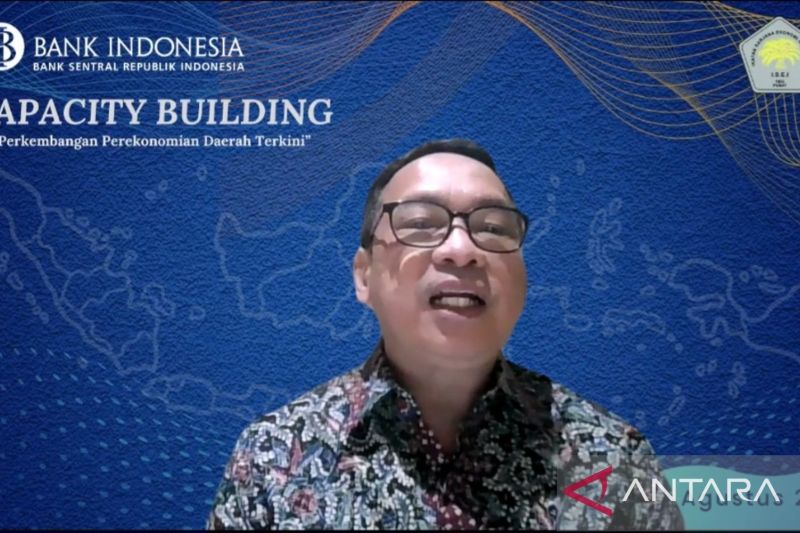 Direktur Departemen Regional Bank Indonesia (BI) M Firdauz Muttaqin berbicara dalam acara Capacity Building: Perkembangan Perekonomian Daerah Terkini di Jakarta, Selasa (20/8/2024). ANTARA/Martha Herlinawati Simanjuntak