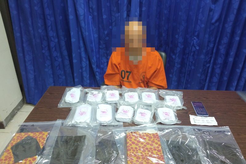 Badan Narkotika Nasional Provinsi Bali menunjukkan barang bukti dan salah satu tersangka pelaku peredaran gelap narkoba di Kantor BNNP Bali, Denpasar, Rabu (21/8/2024). ANTARA/HO-Humas BNNP Bali