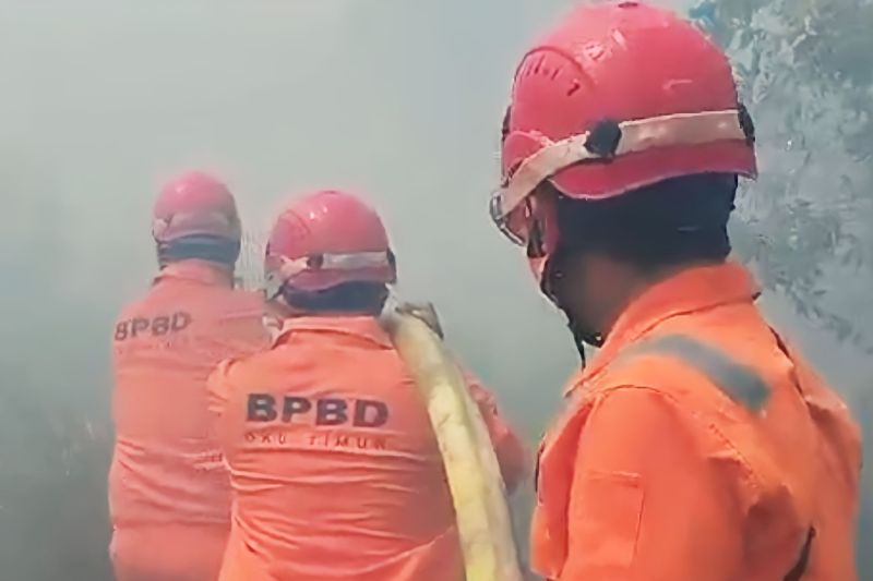Tim Reaksi Cepat (TRC) BPBD OKU Timur memadamkan api karhutla di Kecamatan Cempaka. (ANTARA/Edo Purmana)