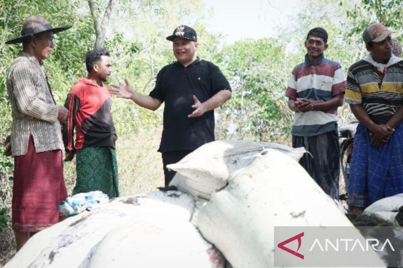 Pj Bupati Sampang Rudi Arifianto menyerahkan bantuan bibit rumput laut kepada pembudidaya di Kecamatan Jrengik, Sampang. (ANTARA/ HO-Dinas Perikanan Sampang)
