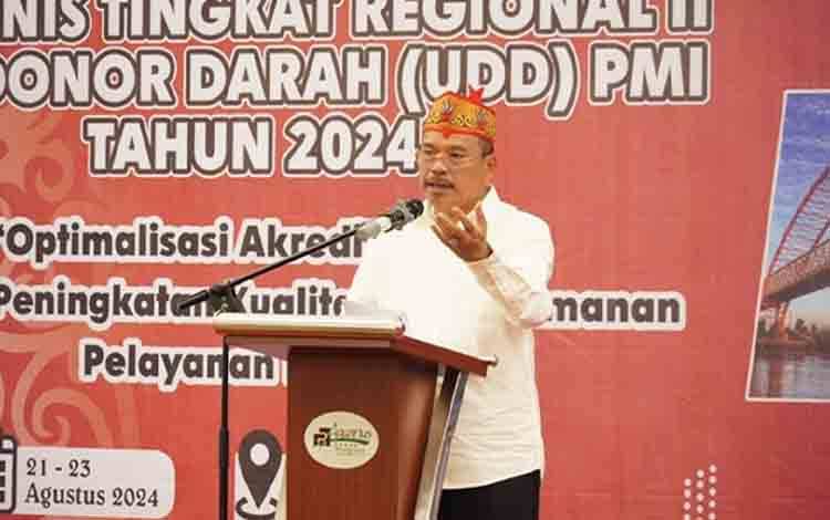 Sekda Provinsi Kalteng, H Nuryakin sekaligus Ketua PMI Provinsi Kalteng, menyampaikan sambutannya di Palangka Raya, Kamis, 22 Agustus 2024. (FOTO: IKHSAN)