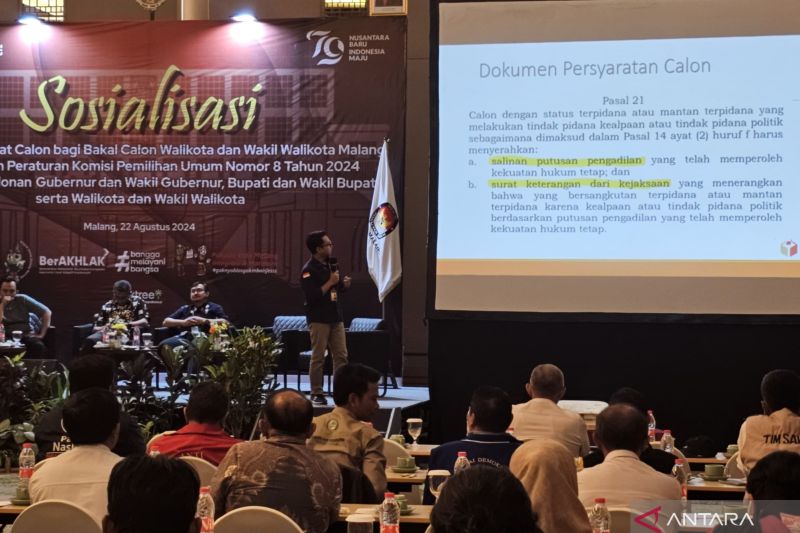 KPU Kota Malang menyelenggarakan sosialisasi menjelang pembukaan pendaftaran peserta Pilkada 2024, di Kota Malang, Kamis (22/8/2024). ANTARA/Ananto Pradana