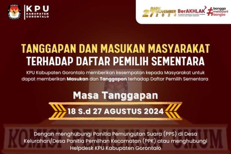 KPU Gorontalo Buka Layanan Tanggapan Masyarakat untuk DPS Pilkada 2024