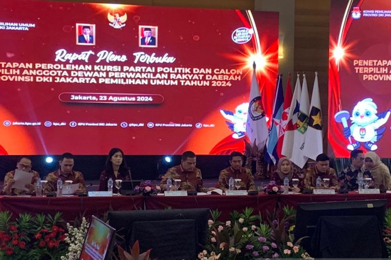 KPU DKI Jakarta menggelar rapat pleno penetapan anggota DPRD DKI Jakarta 2024-2029 beserta perolehan kursi di Jakarta, Jumat (23/8/2024). ANTARA/Mario Sofia Nasution