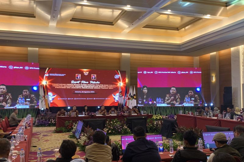 Ketua KPU Jakarta Wahyu Dinata memimpin Rapat Pleno Terbuka penetapan perolehan suara partai dan anggota DPRD DKI Jakarta 2024-2029. ANTARA/Mario Sofia Nasution