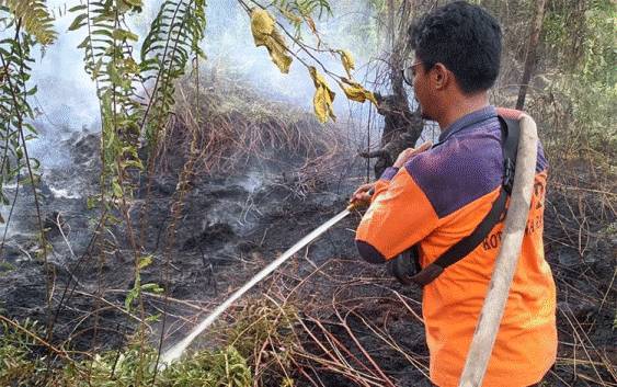 Tim TRC BPBD Palangka Raya saat melakukan upaya pendinginan lahan di Jalan Donis Tuan (Foto : TRC BPBD)
