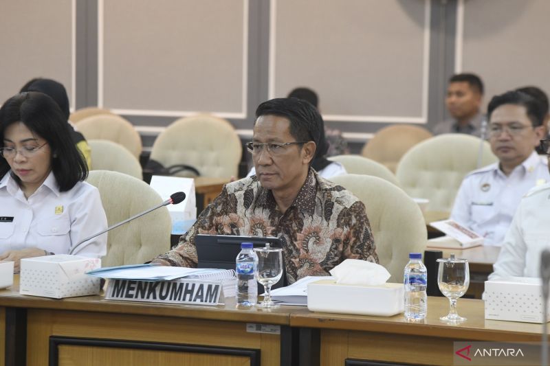 Menteri Hukum dan Hak Asasi Manusia Supratman Andi Agtas (kanan) saat rapat bersama tim Panitia Khusus DPR RI tentang Rancangan Undang-Undang Paten di gedung DPR RI, Jakarta, Selasa (27/8/2024). (ANTARA/HO-Kemenkumham)