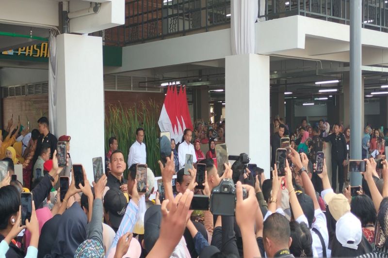Presiden Joko Widodo memberikan sambutan dalam peresmian Pasar Induk Godean di Kabupaten Sleman, DIY, pada Rabu (28/8/2024). ANTARA/Sutarmi