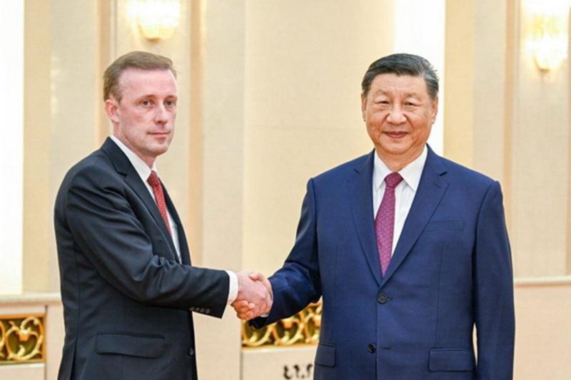 Penasihat Keamanan Nasional Amerika Serikat (AS) Jake Sullivan bertemu dengan Presiden China Xi Jinping di Balai Agung Rakyat, di Beijing, China pada Kamis (29/8/2024) (ANTARA/HO-Kementerian Luar Negeri China)