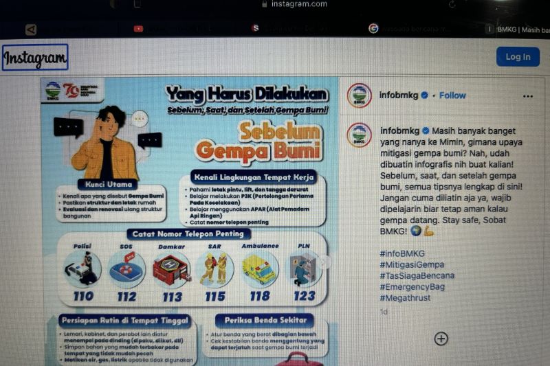 BMKG membagikan informasi kesiapsiagaan untuk masyarakat menghadapi bencana gempa melalui sosial media, Sabtu (31/8/2024). (ANTARA/Laily Rahmawaty)