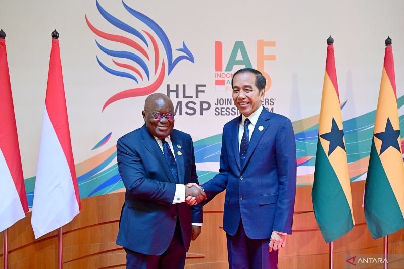 Presiden Joko Widodo melakukan pertemuan dengan Presiden Ghana Nana Addo Dankwa Akufo-Addo di sela kegiatan Indonesia-Africa Forum Ke-2 2024, di Nusa Dua, Bali, Senin 2/9/2024). ANTARA/HO-Biro Pers Sekretariat Presiden