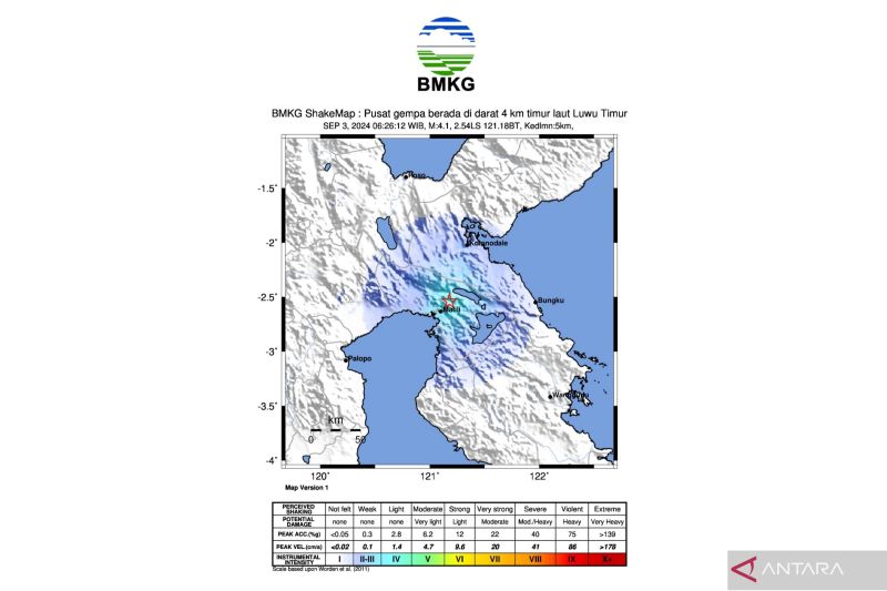 Peta gempa bumi yang berpusat di darat pada jarak 4 kilometer Timur Laut Luwu Timur, Sulawesi Selatan pada kedalaman 5 kilometer, Selasa (3/9/2024) (ANTARA/HO-Pusat Gempa Bumi dan Tsunami BMKG)