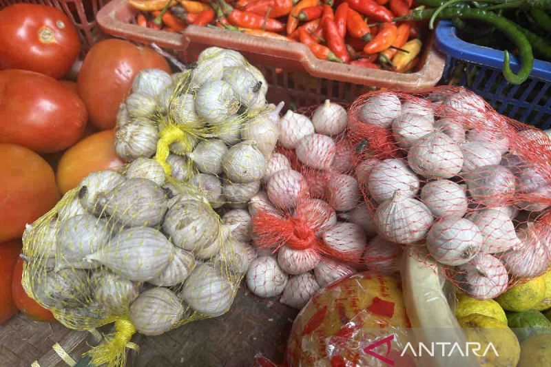 Bawang putih serta komoditas pangan lainnya yang dijual pedagang di Pasar Minggu, Jakarta, Rabu (21/8/2024). ANTARA/Harianto.