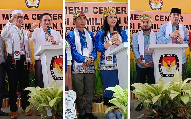 Kolase foto pasangan Calon Bupati dan Wakil Bupati Barito Timur periode 2024-2029. Dari kiri ke kanan Ariantho S Muler dan H Ahmadi, Pancani Gandrung dan Raran, serta M Yamin dan Adi Mula Nakalelu HA Garoe. (BOLE MALO)