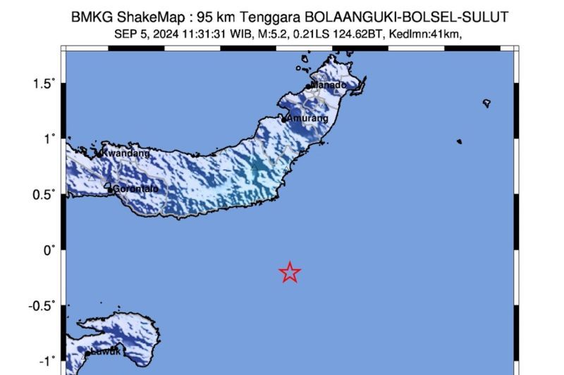 Wilayah Bolaang Mongondow Selatan, Sulawesi Utara diguncang gempa tektonik pada Kamis, pukul 11.31WIB. Hasil analisis BMKG menunjukkan gempa bumi ini memiliki parameter update dengan Magnitudo 5,2. (ANTARA/HO-BMKG).