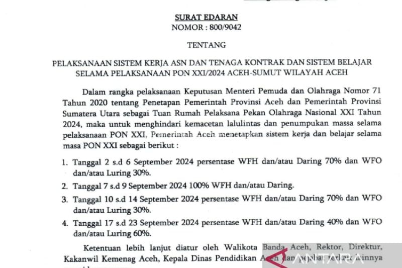 Pemerintah Aceh Tetapkan ASN Bekerja Dari Rumah Selama PON XXI
