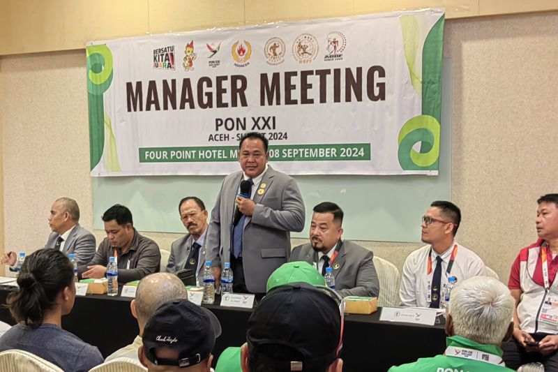 Manager Meeting cabang olahraga Binaraga yang berlangsung di Hotel Four Point, Medan, Sumatera Utara, Minggu (8/9/2024). (ANTARA/Asep Firmansyah)