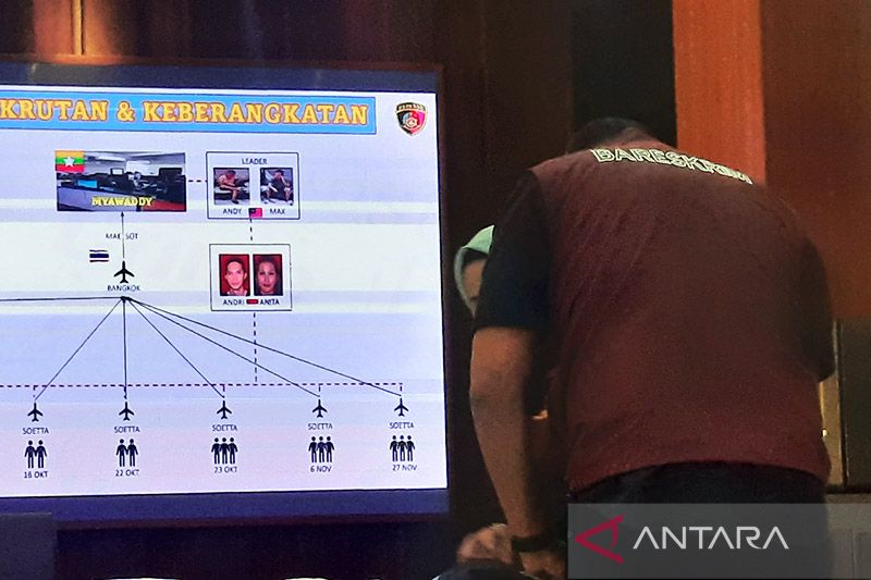 Ilustrasi: Penyidik Direktorat Tindak Pidana Umum (Dittipidum) Bareskrim Polri menampilkan alur keberangkatan 25 WNI jadi korban TPPO di Myanmar dalam ekspos kasus di Bareskrim Polri, Jakarta, Selasa (16/5/2023). ANTARA/Laily Rahmawaty/am.
