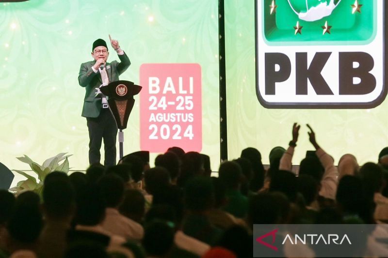 Ketua Umum PKB Muhaimin Iskandar saat memberikan pemaparan dalam Muktamar VI PKB di Bali Nusa Dua Convention Center, Kabupaten Badung, Bali, Minggu (25/8/2024). ANTARA/HO-PKB/aa. (Handout PKB)