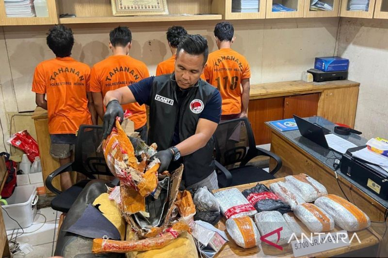 Petugas Sat Narkona Polrestabes Medan memperlihatkan barang bukti berupa 5,7 kilogram ganja kering, di Polrestabes Medan, Sumatera Utara. (ANTARA/Aris Rinaldi Nasution)