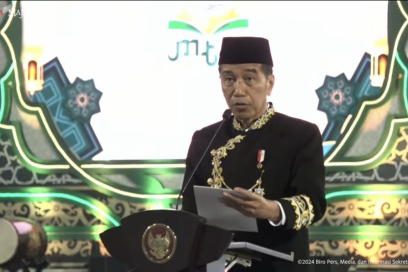 Tangkapan layar - Presiden Joko Widodo (Jokowi) saat berpidato dalam pembukaan Musabaqah Tilawatil Quran (MTQ) XXX Tahun 2024 di Samarinda, Kalimantan Timur, Minggu (8/9/2024). (ANTARA/Andi Firdaus-Setpres)