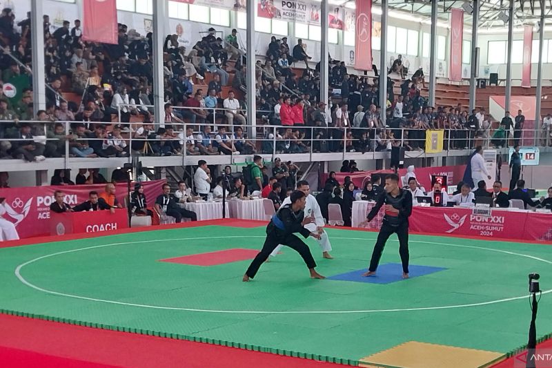 Dua atlet pencak silat putra bertanding dalam kompetisi cabang pencak silat PON Aceh-Sumut 2024 di GOR Veteran, Medan, Senin (9/9/2024). Cabang pencak silat memainkan sebanyak 22 nomor yang diikuti sebanyak 264 atlet putra-putri dari 32 provinsi. (ANTARA/Aloysius Lewokeda)