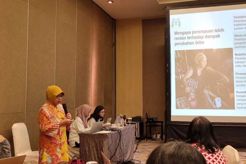 Paparan yang disampaikan oleh Asisten Deputi Pengarusutamaan Gender Bidang Sosial dan Budaya Kementerian PPPA Eko Novi Ariyanti dalam diskusi bertajuk "Rencana Aksi Nasional Gender dan Perubahan Iklim", di Jakarta, Selasa (10/9/2024). (ANTARA/Anita Permata Dewi)