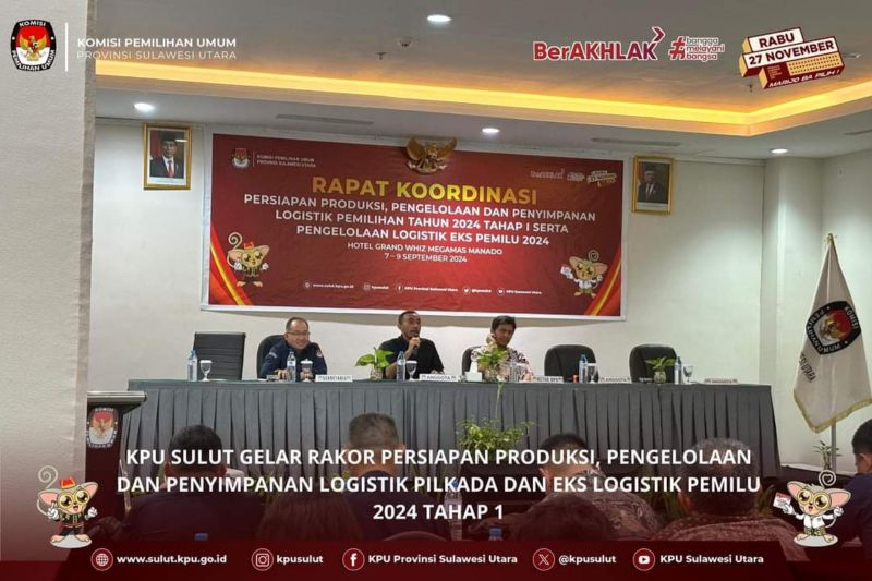 KPU Sulut menggelar Rapat Koordinasi Persiapan Produksi, Pengelolaan dan Penyimpanan Logistik Pemilihan Tahun 2024 Tahap I serta Pengelolaan Logistik Eks Pemilu 2024 dengan peserta ketua, sekretaris, kepala sub bagian umum, logistik dan keuangan KPU kabupaten/kota se-Sulawesi Utara. ANTARA/HO-KPU Sulut