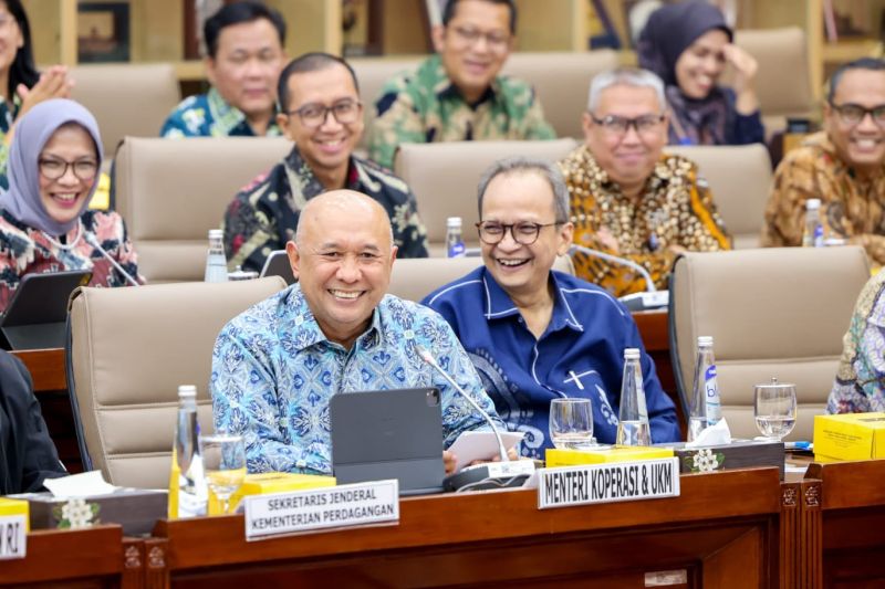 Menteri Koperasi dan UKM Teten Masduki (kiri) dalam rapat kerja bersama Komisi VI DPR RI di Kompleks Parlemen, Jakarta, Rabu (11/9/2024). (ANTARA/HO-Kemenkop UKM)