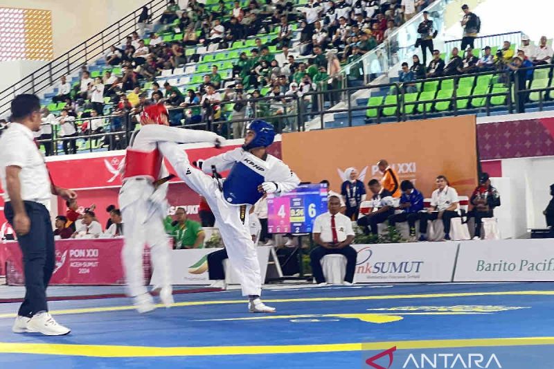 Penonton menyaksikan pertandingan taekwondo PON XXI/2024 dari tribun Martial Arts Arena, Kompleks Sumut Sport Center, Deli Serdang, Sumatera Utara, Kamis (12/9/2024). ANTARA/Harianto
