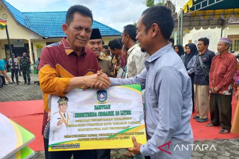 Gubernur Kepri Ansar Ahmad (kiri) saat menyerahkan bantuan insektisida organik kepada masyarakat Natuna di Natuna pada Kamis (12/9). ANTARA/Muhamad Nurman