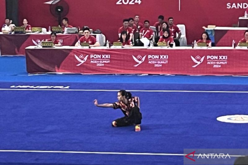 Atlet Jawa Barat Tasya Ayu Puspa Dewi tampil dalam nomor taolu nanquan putri cabang olahraga wushu pada Pekan Olahraga Nasional (PON) XXI Aceh-Sumut di GOR Disporasu, Deli Serdang, Sumatera Utara, Kamis (12/9/2024) (ANTARA/Fathur Rochman)