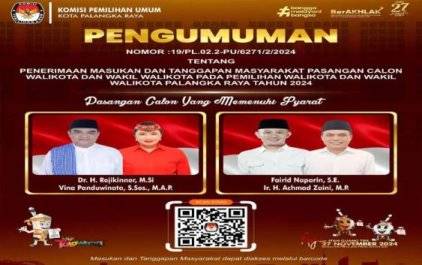 Pilkada Palangka Raya 2024: Dua Pasangan Calon Memenuhi Syarat dan Masyarakat Diundang Berikan Masukan
